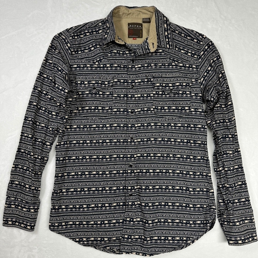Roper Pearl Snap Aztec Western Shirt Medium Black Tribal Long Sleeve Cowboy